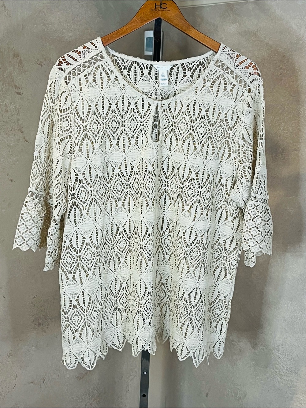 EST. 1946 Cream Floral Lace Sheer Tunic Blouse Round Neck 3/4 Sleeve XL